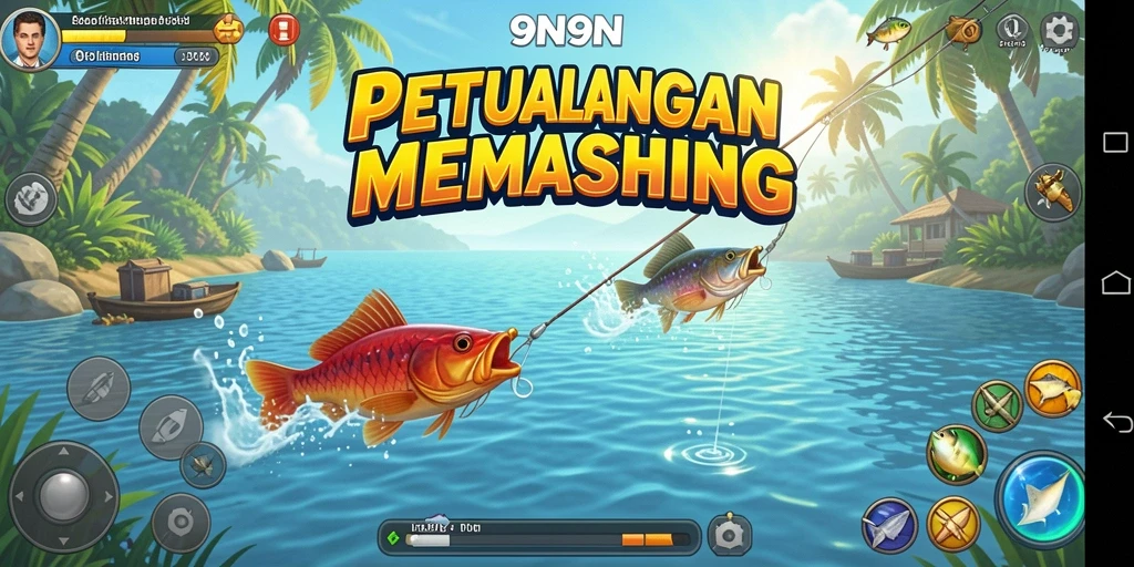 Tampilan gameplay 9N9N dengan pengguna memancing di lautan.