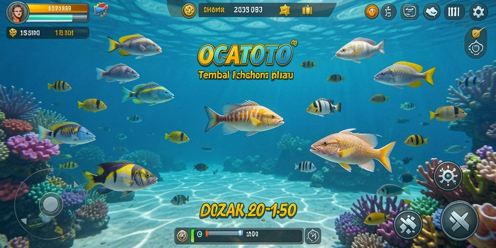 Screenshot OCATOTO menampilkan pengalaman seru dalam menembak ikan.
